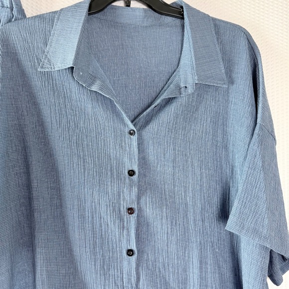 Womens 5XL Blue Crinkle Textured Button Down Shirt Shorts Set Relaxed Vacation - Picture 3 of 10